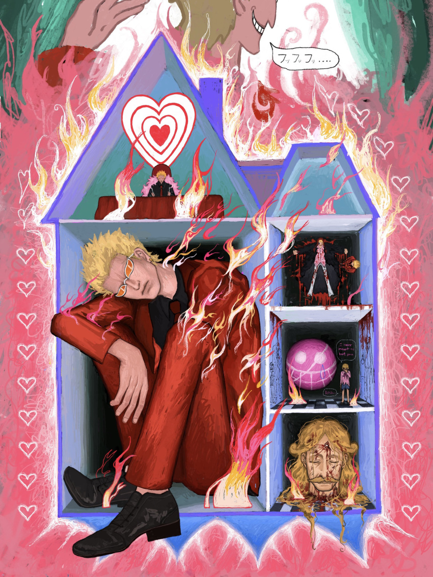 1boy absurdres black_coat black_necktie black_shirt blonde_hair brothers coat collared_shirt death doll_house donquixote_doflamingo donquixote_homing donquixote_pirates_jolly_roger donquixote_rocinante father_and_son fire heart highres hv48ell long_hair looking_at_viewer male_focus necktie one_piece pants pink_coat pink_shirt red_pants red_suit sad severed_head shirt short_hair siblings speech_bubble suit sunglasses symbolism