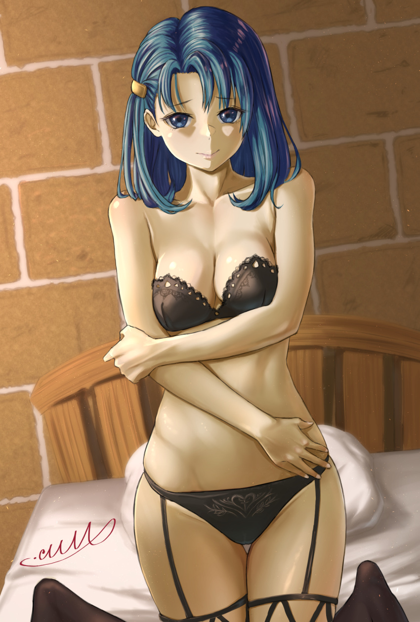 bed black_bra black_garter_straps black_panties black_socks blue_eyes blue_hair blush bra collarbone dragon_quest dragon_quest_vi female garter_straps highres kneeling looking_at_viewer m.m_(mmitsu_93) medium_hair on_bed panties pillow socks solo tania_(dq6) underwear