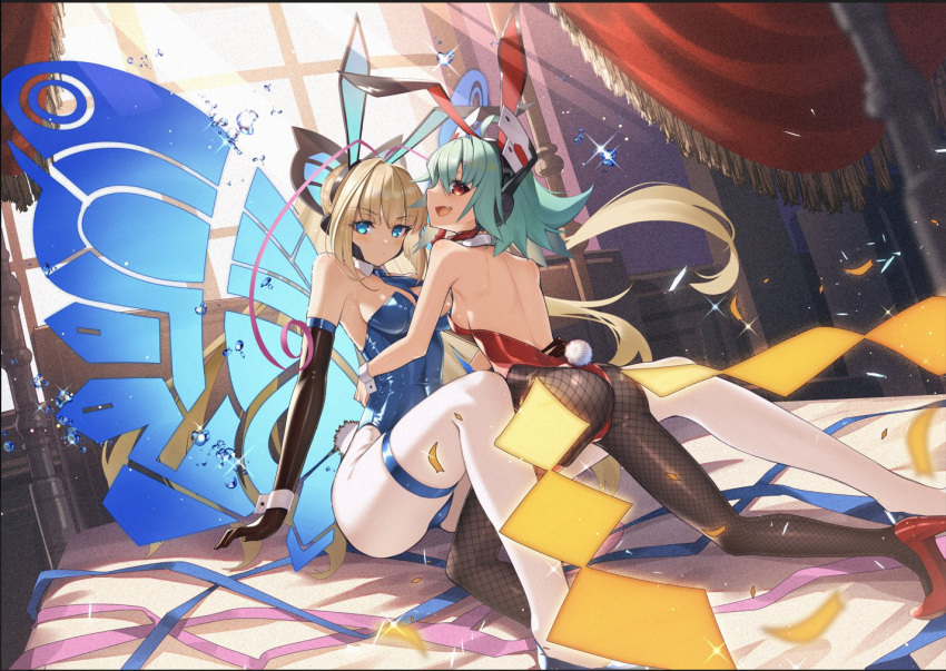 2girls animal_ears aqua_hair ass azure_striker_gunvolt azure_striker_gunvolt_2 back backless_leotard blonde_hair blue_eyes blue_leotard breasts butterfly_wings cleavage cluseller confetti expressionless fake_animal_ears fake_tail fishnet_pantyhose fishnet_thighhighs fishnets grey_hair highleg highleg_leotard hug insect_wings leotard long_hair looking_at_viewer looking_back lumen_(gunvolt) medium_breasts multiple_girls oerba_yun_fang open_mouth pantyhose playboy_bunny rabbit_ears rabbit_tail red_eyes red_leotard ribbon roro_(gunvolt) sideboob sitting skindentation smile sparkle tail thigh_strap thighhighs white_pantyhose wings wrist_cuffs