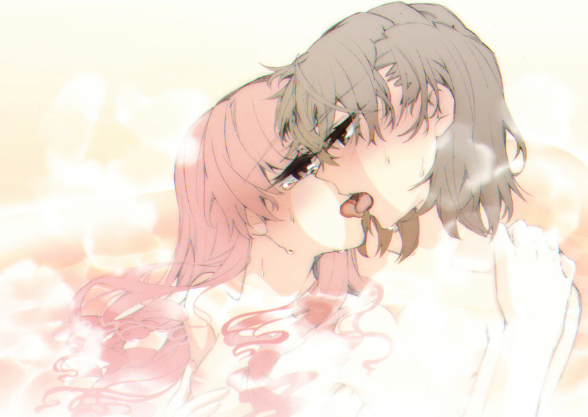 2girls absurdres blush breasts brown_eyes closed_eyes collarbone commentary_request eye_contact face-to-face forehead-to-forehead french_kiss from_side hand_on_another's_shoulder heads_together higashizukihi_sei highres imminent_kiss kissing long_hair looking_at_another misaka_mikoto multiple_girls nipples nude open_mouth partially_submerged pink_hair shirai_kuroko short_hair sitting sitting_on_lap sitting_on_person small_breasts steam sweat toaru_kagaku_no_railgun toaru_majutsu_no_index tongue upper_body water wavy_hair yuri