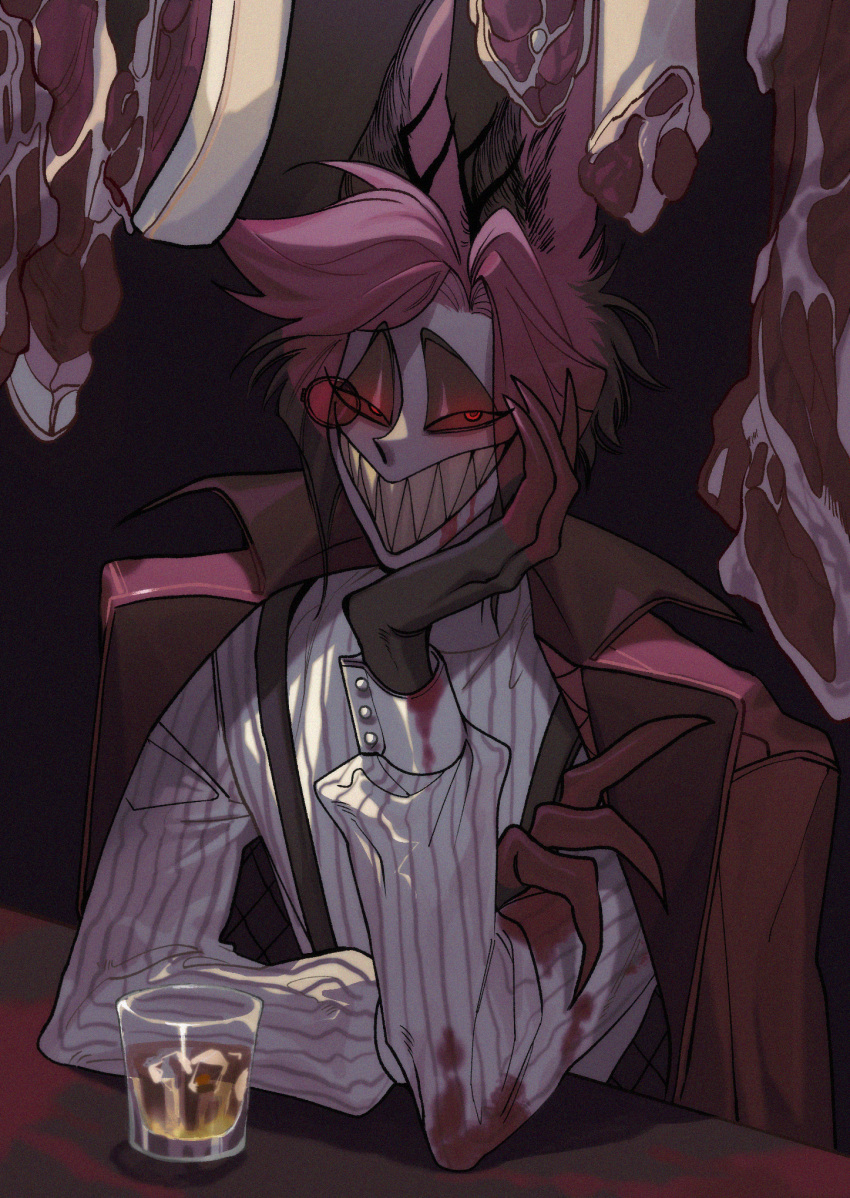 1boy alastor_(hazbin_hotel) blood blood_from_mouth blood_on_clothes blood_on_face coat coat_on_shoulders demon_boy evil_grin evil_smile formal_clothes grin hazbin_hotel highres ihkmf0 looking_at_viewer raw_meat red_eyes red_hair sharp_teeth sitting smile solo teeth