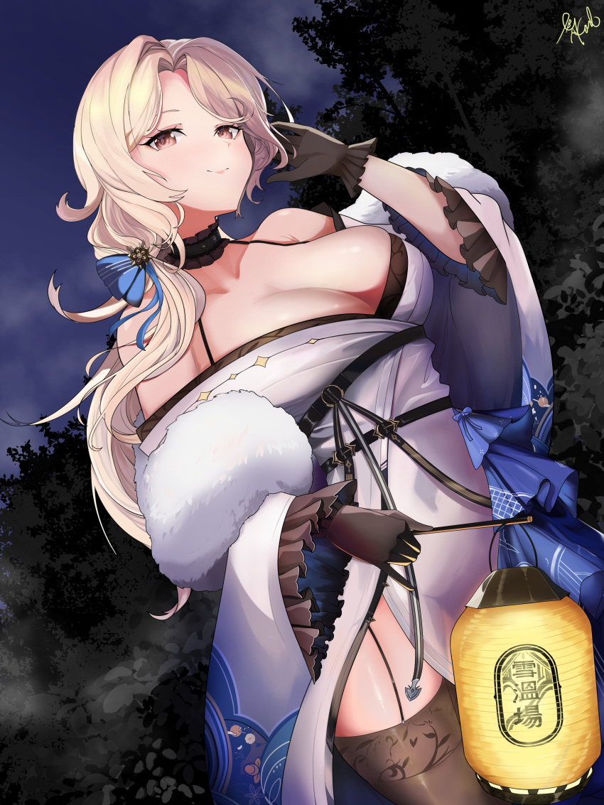 absurdres aonwe blonde_hair blush breasts brown_thighhighs cave cleavage collarbone dutch_angle female goddess_of_victory:_nikke highres holding holding_lantern japanese_clothes lantern large_breasts long_hair looking_at_viewer ludmilla_(nikke) ludmilla_(winter_owner)_(nikke) night official_alternate_costume paper_lantern parted_bangs red_eyes sky smile snowing solo thighhighs thighs tree