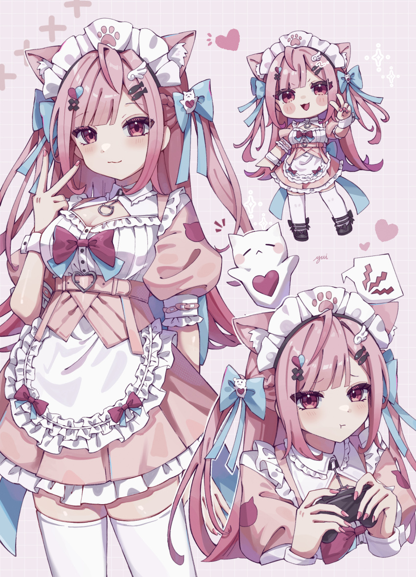 :t absurdres ahoge animal_ear_fluff animal_ears aqua_bow bandaid bandaid_hair_ornament belt black_choker blush bow braid breasts cat_choker cat_ears cat_girl chibi chibi_inset choker cleavage closed_mouth commentary controller dress female fingernails fish_hair_ornament game_controller ghost_hair_ornament grid_background hair_ornament hairbow hairclip heart heart_hair_ornament highres holding holding_controller holding_game_controller indie_virtual_youtuber long_hair looking_at_viewer maid maid_headdress multiple_views nail_polish o-ring o-ring_choker paw_print pink_background pink_belt pink_dress pink_eyes pink_hair pink_nails pout short_sleeves signature smile solo_focus symbol-only_commentary thighhighs thighs two_side_up v virtual_youtuber white_thighhighs white_wrist_cuffs wing_hair_ornament wrist_cuffs yui_(yuimeooow) yuuki_sakuna