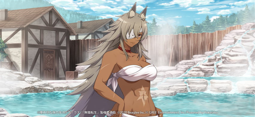 animal_ear_fluff animal_ears artist_request breasts building choker cleavage closed_mouth cloud collarbone copyright_notice crate crossed_bangs eyepatch female fence ghislaine_dedoldia grey_hair hair_between_eyes hand_on_own_hip highres long_hair midriff mushoku_tensei mushoku_tensei:_game_ni_nattemo_honki_dasu naked_towel navel official_art onsen red_choker red_eyes scar scar_on_arm scar_on_cheek scar_on_face sky solo tied_towel towel water wooden_fence