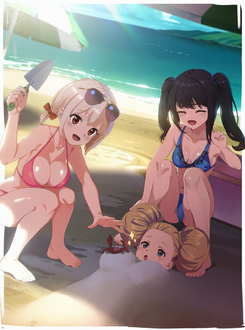 3girls ^_^ absurdres barefoot beach bikini black_hair blonde_hair blue_bikini blue_eyes border bow breasts chromatic_aberration cleavage closed_eyes collarbone commentary crab day double_bun edgar_syu eyewear_on_head film_grain hair_bun hairbow halterneck highres holding holding_shovel inoue_takina kurumi_(lycoris_recoil) large_breasts long_hair lycoris_recoil multiple_girls nishikigi_chisato ocean open_mouth outdoors outside_border parasol pink_bikini red_bow red_eyes short_hair shovel sidelocks small_breasts smile sunglasses sunlight swimsuit twintails umbrella white_border