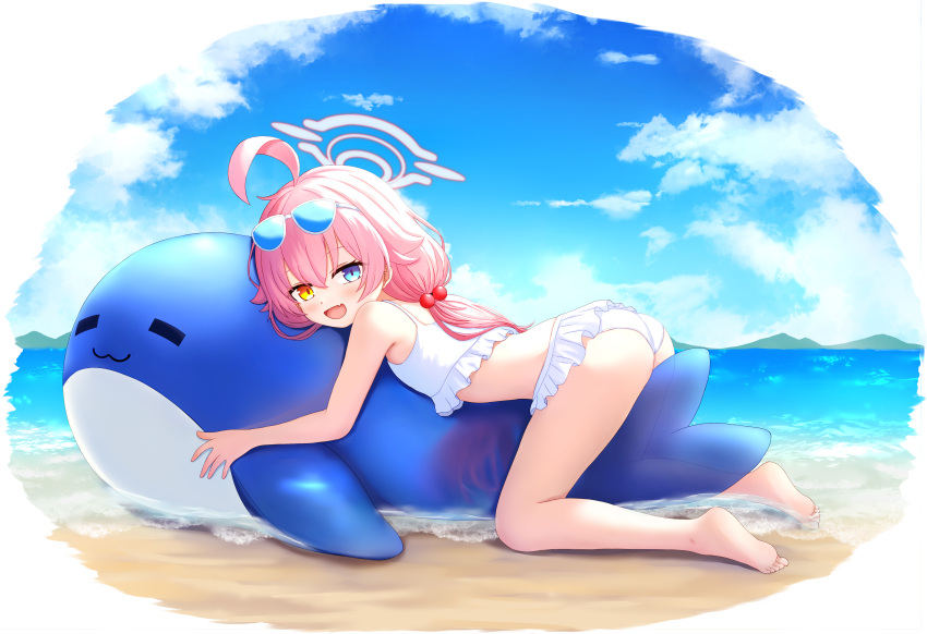 absurdres ahoge ass beach bikini blue-tinted_eyewear blue_archive blue_eyes blush commentary_request eyewear_on_head female frilled_bikini frills hair_bobbles hair_ornament halo heterochromia highres hoshino_(blue_archive) hoshino_(swimsuit)_(blue_archive) in_water inflatable_toy inflatable_whale long_hair looking_at_viewer ocean oerba_yun_fang official_alternate_costume open_mouth orange_eyes pink_hair pink_halo skin_fang sky soaking_feet solo sunglasses swimsuit tinted_eyewear uro30 white-framed_eyewear white_bikini