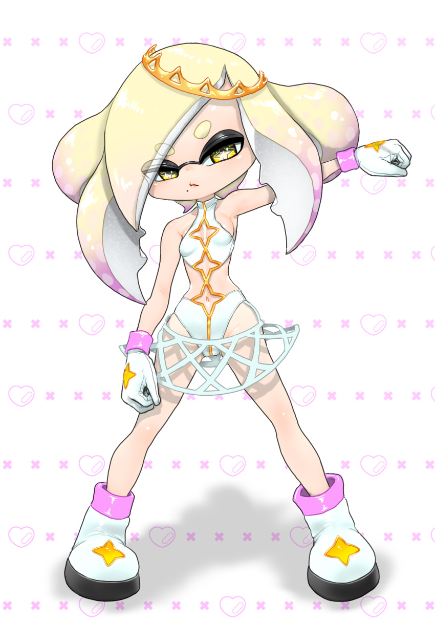 ankle_boots bikini blonde_hair boots breasts bright_pupils clenched_hands clothing_cutout crown dot_nose female gloves gradient_hair halterneck highres inkling koharu2.5 light_frown long_hair mesh_skirt mole mole_under_mouth multicolored_hair navel pearl_(splatoon) pink_trim purple_hair raised_fist shadow sideways_glance small_breasts splatoon_(series) star-shaped_pupils star_(symbol) star_cutout swimsuit symbol-shaped_pupils tentacle_hair white_bikini white_footwear white_gloves white_pupils yellow_eyes