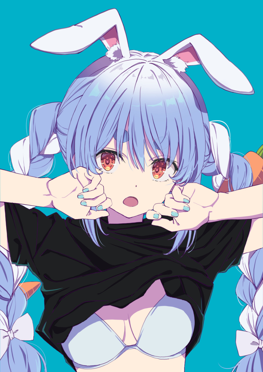 :o animal_ear_fluff animal_ears anno_masato black_shirt blue_background blue_bra blue_hair blue_nails bow bra braid breasts breasts_apart carrot_hair_ornament clothes_lift dot_nose ears_down female food-themed_hair_ornament gradient_hair hair_ornament hairbow hands_up highres hololive multicolored_hair open_mouth rabbit_ears rabbit_girl red_eyes shirt shirt_lift short_eyebrows short_sleeves simple_background small_breasts solo straight-on symbol_in_eye t-shirt twin_braids two-tone_hair underwear upper_body usada_pekora virtual_youtuber white_hair