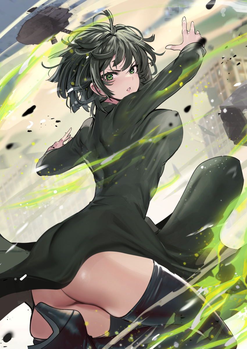 absurdres arm_up ass black_dress black_footwear black_hair blush boots breasts dress female from_behind fubuki_(one-punch_man) green_eyes high_heel_boots high_heels highres large_breasts long_sleeves looking_at_viewer one-punch_man outdoors parted_lips short_hair teddy_(khanshin) thigh_boots thighs