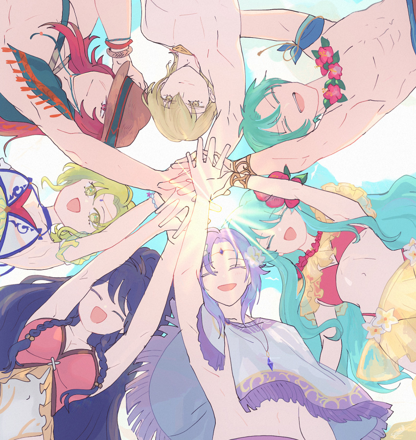 3girls 4boys :d aqua_hair armpits bikini blue_hair bracelet braid breasts circlet cleavage closed_eyes closed_mouth eirika_(fire_emblem) eirika_(summer)_(fire_emblem) ephraim_(fire_emblem) ephraim_(summer)_(fire_emblem) fire_emblem fire_emblem:_the_sacred_stones fire_emblem_heroes flower flower_necklace from_below green_hair hair_between_eyes hair_flower hair_ornament hat highres innes_(fire_emblem) innes_(flawless_form)_(fire_emblem) jewelry joshua_(fire_emblem) joshua_(summer)_(fire_emblem) l'arachel_(fire_emblem) l'arachel_(summer)_(fire_emblem) lei long_hair lyon_(fire_emblem) lyon_(summer)_(fire_emblem) medium_breasts multiple_boys multiple_girls navel necklace official_alternate_costume one-piece_swimsuit open_mouth ponytail purple_hair red_bikini red_eyes red_hair sarong sasaki_(dkenpisss) short_hair sidelocks smile swimsuit tana_(fire_emblem) tana_(noble_and_nimble)_(fire_emblem) twin_braids white_bikini yellow_sarong