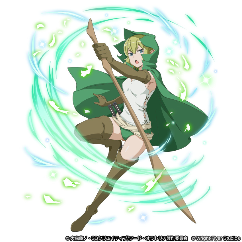 boots brown_footwear brown_gloves cape commentary_request copyright_notice danmachi_memoria_freese dungeon_ni_deai_wo_motomeru_no_wa_machigatteiru_darou_ka elbow_gloves female full_body gloves green_cape green_eyes green_hair highres holding holding_weapon hood hood_up hooded_cape looking_at_viewer official_art open_mouth outstretched_arm pointy_ears ryu_lion second-party_source shirt short_hair shorts simple_background solo thigh_boots thighhighs thighs weapon white_background white_shirt