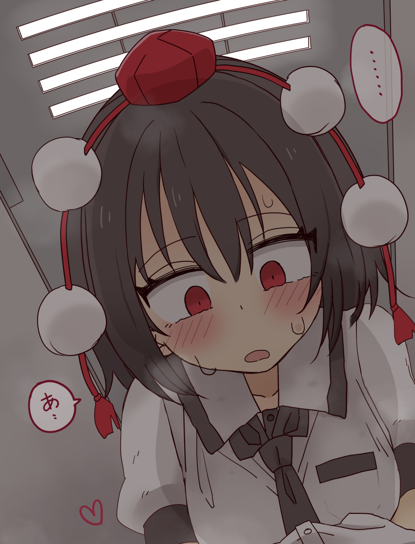 ... 1boy absurdres black_hair black_necktie blush breasts collarbone collared_shirt female hat highres in_locker locker looking_down medium_breasts mini_hat necktie puffy_short_sleeves puffy_sleeves red_eyes red_hat shameimaru_aya shirt short_sleeves solo_focus spoken_ellipsis sweat tokin_hat totoharu_(kujirai_minato) touhou translation_request white_shirt