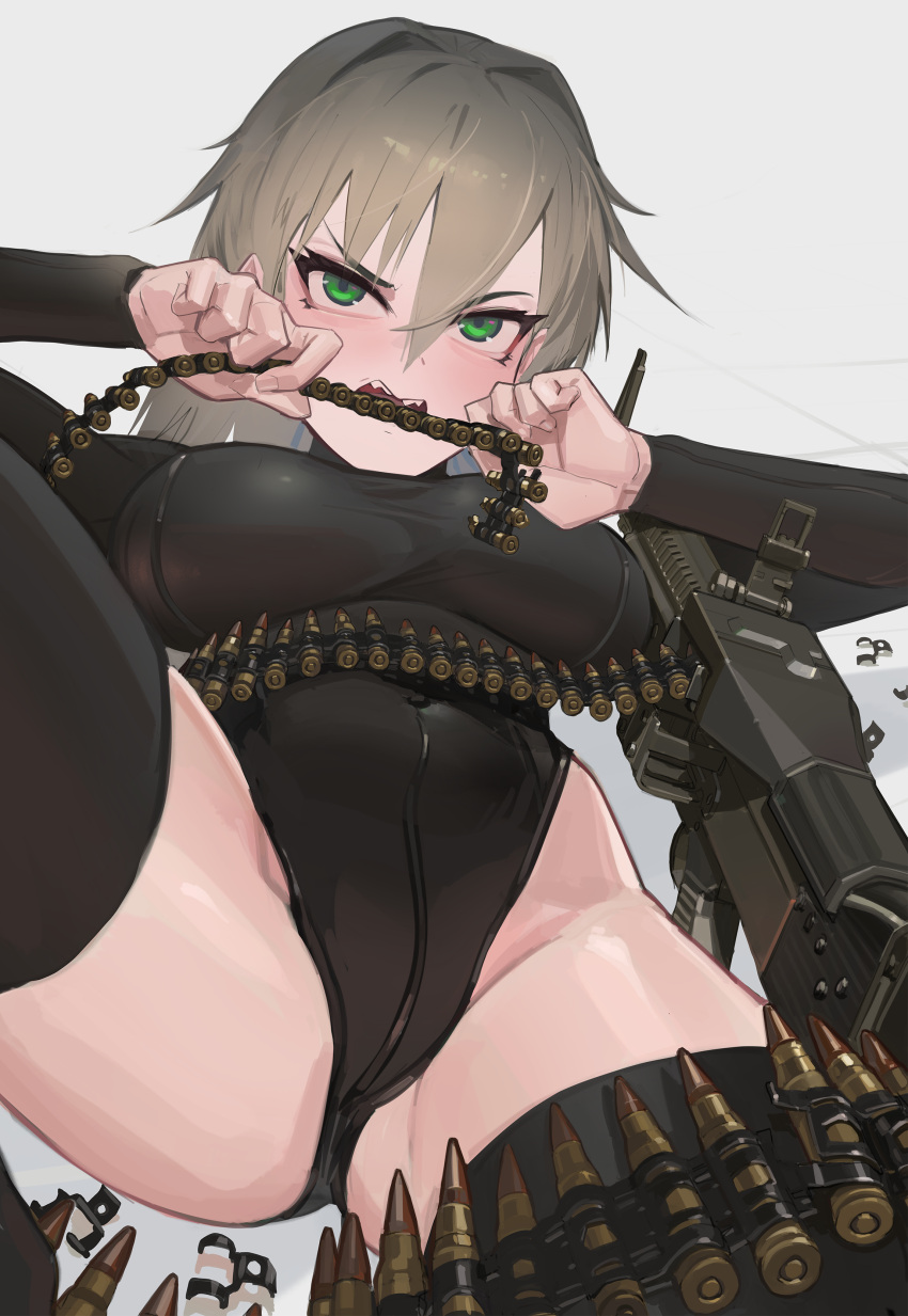 absurdres ammunition_belt black_thighhighs brown_hair chewing commission crotch_zipper female green_eyes gun hair_intakes highleg highleg_leotard highres leotard long_sleeves lying m60_(machine_gun) machine_gun on_back open_mouth original polilla solo teeth thighhighs upper_teeth_only weapon