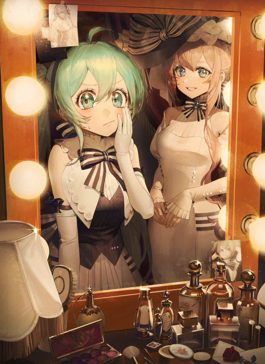 2girls absurdres ahoge alternate_costume aqua_eyes bare_shoulders black_hat black_vest blue_eyes bottle bow bowtie braid breasts brooch closed_mouth cosmetics detached_sleeves elbow_gloves flower frown furrowed_brow glint gloves hand_on_own_cheek hand_on_own_face hat hatsune_miku highres jewelry lamp light_bulb long_hair looking_at_viewer megurine_luka mirror multiple_girls open_mouth paldu perfume_bottle photo_(object) rose shirt sidelocks sleeveless sleeveless_shirt small_breasts smile standing sweatdrop table twintails vanity_table vest vocaloid white_gloves