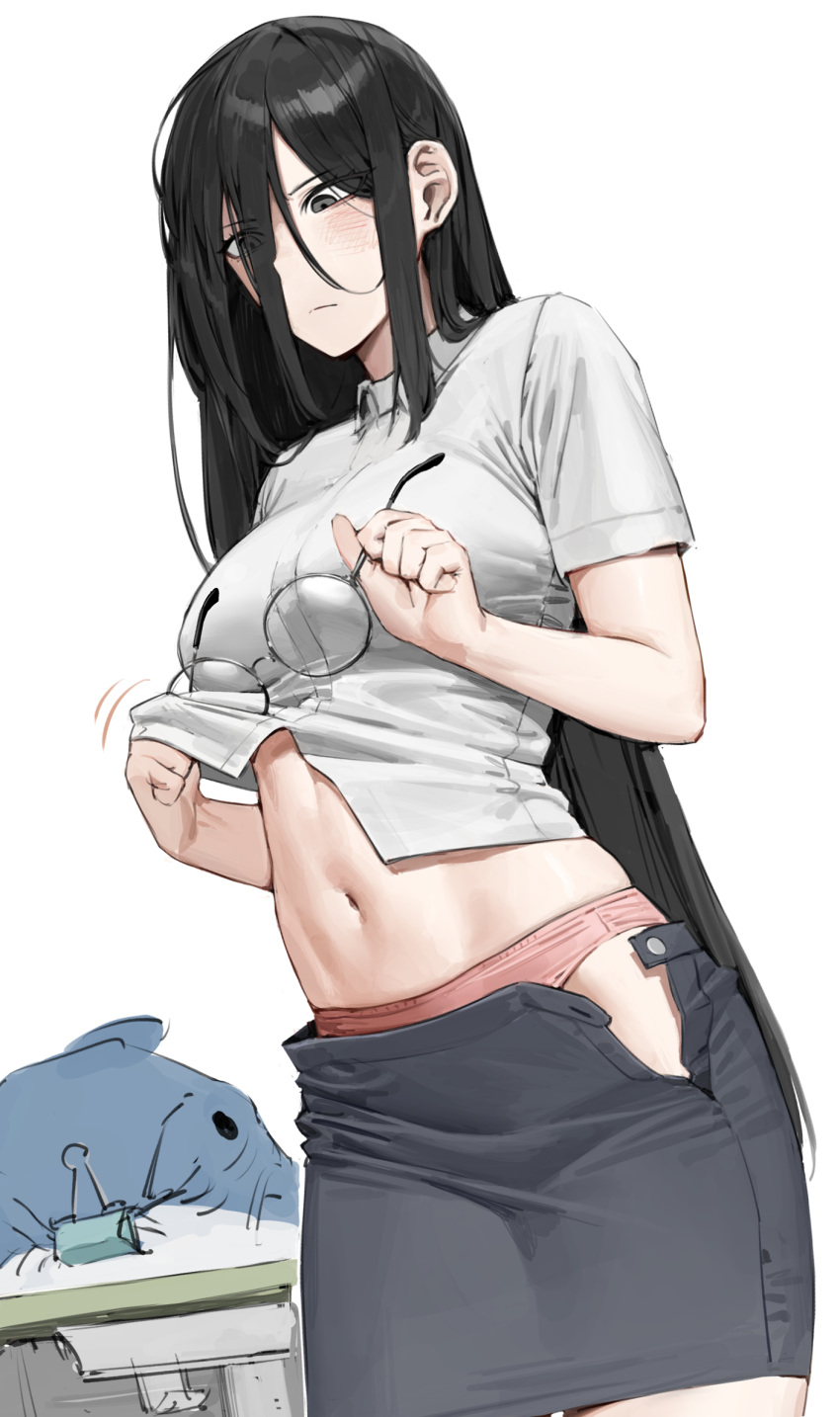 :/ black_hair blush breasts cleaning_glasses clothes_lift female glasses grey_eyes hair_between_eyes hair_over_one_eye highres korean_commentary linea_alba long_hair medium_breasts motion_lines navel original panties pink_panties shirt_lift skirt solo unbuttoned underwear unworn_eyewear user_kvkt4572 very_long_hair white_background