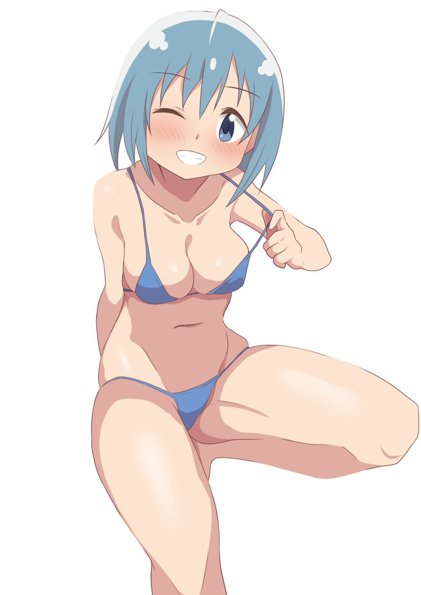 aqua_eyes aqua_hair arm_support bikini blue_bikini blush breasts cleavage collarbone female groin_tendon hateri highres looking_at_viewer mahou_shoujo_madoka_magica medium_breasts medium_hair miki_sayaka navel one_eye_closed skindentation solo strap_pull string_bikini swimsuit thighs