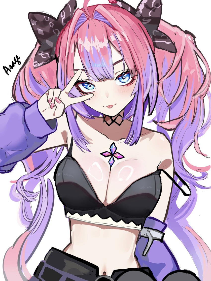 ahoge arm_warmers artist_name bare_shoulders belt black_belt black_bow black_bra black_choker bow boxterebityan3 bra breasts choker cleavage female hairbow highres hololive hololive_dev_is kikirara_vivi long_hair looking_at_viewer medium_breasts midriff multicolored_hair nail_polish navel pink_nails purple_arm_warmers purple_shorts shorts simple_background solo strap_slip streaked_hair tongue tongue_out underwear v v_over_eye very_long_hair virtual_youtuber white_background