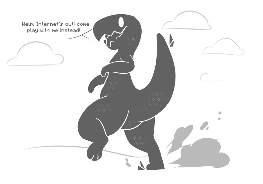 absurd_res ambiguous_gender anthro dinosaur dinosaur_(google_chrome) dust_cloud english_text google google_chrome hi_res kodadeer prehistoric_species reptile scalie simple_background solo tail talking_to_viewer text theropod tyrannosaurid tyrannosauroid tyrannosaurus tyrannosaurus_rex