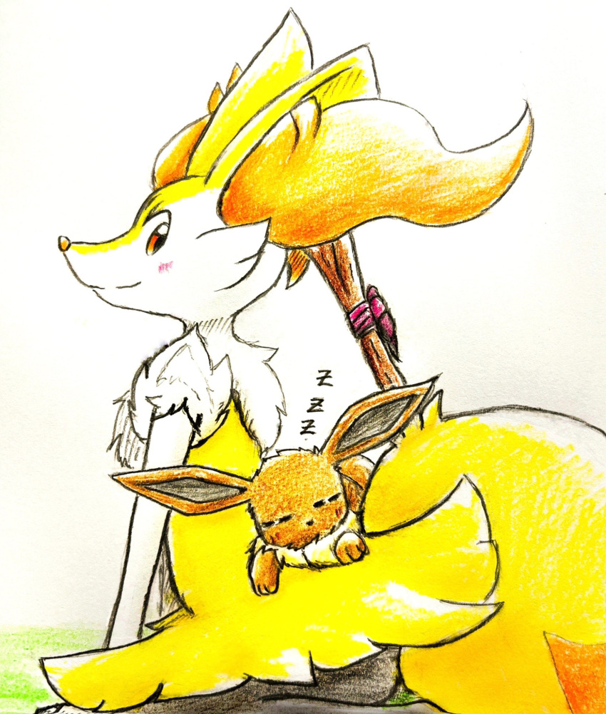 2024 ambiguous_gender anthro blush blush_lines braixen brown_body brown_fur canid canine closed_eyes duo eevee eeveelution eiroru feral fur generation_1_pokemon generation_6_pokemon graphite_(artwork) hi_res inner_ear_fluff looking_back mammal nintendo orange_body orange_eyes orange_fur paws pokemon pokemon_(species) sleeping sleeping_on_another smile stick tail traditional_media_(artwork) tuft white_body white_fur yellow_body yellow_fur