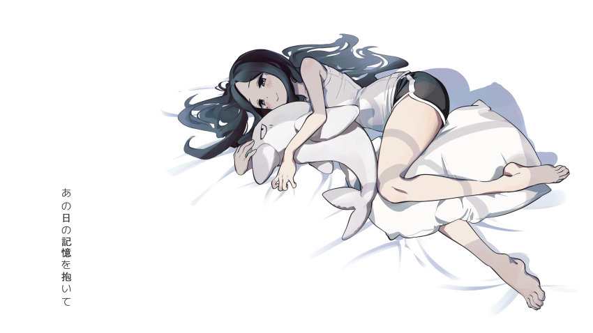 bare_arms bare_legs bare_shoulders barefoot black_eyes black_hair black_shorts blush closed_mouth commentary_request dolphin_shorts feet female full_body highres hugging_doll hugging_object long_hair lying mo0o0rae on_side pillow pillow_hug sakurai_touko senpai_ga_uzai_kouhai_no_hanashi shorts simple_background smile solo stuffed_animal stuffed_dolphin stuffed_toy tank_top toes translation_request white_background white_tank_top