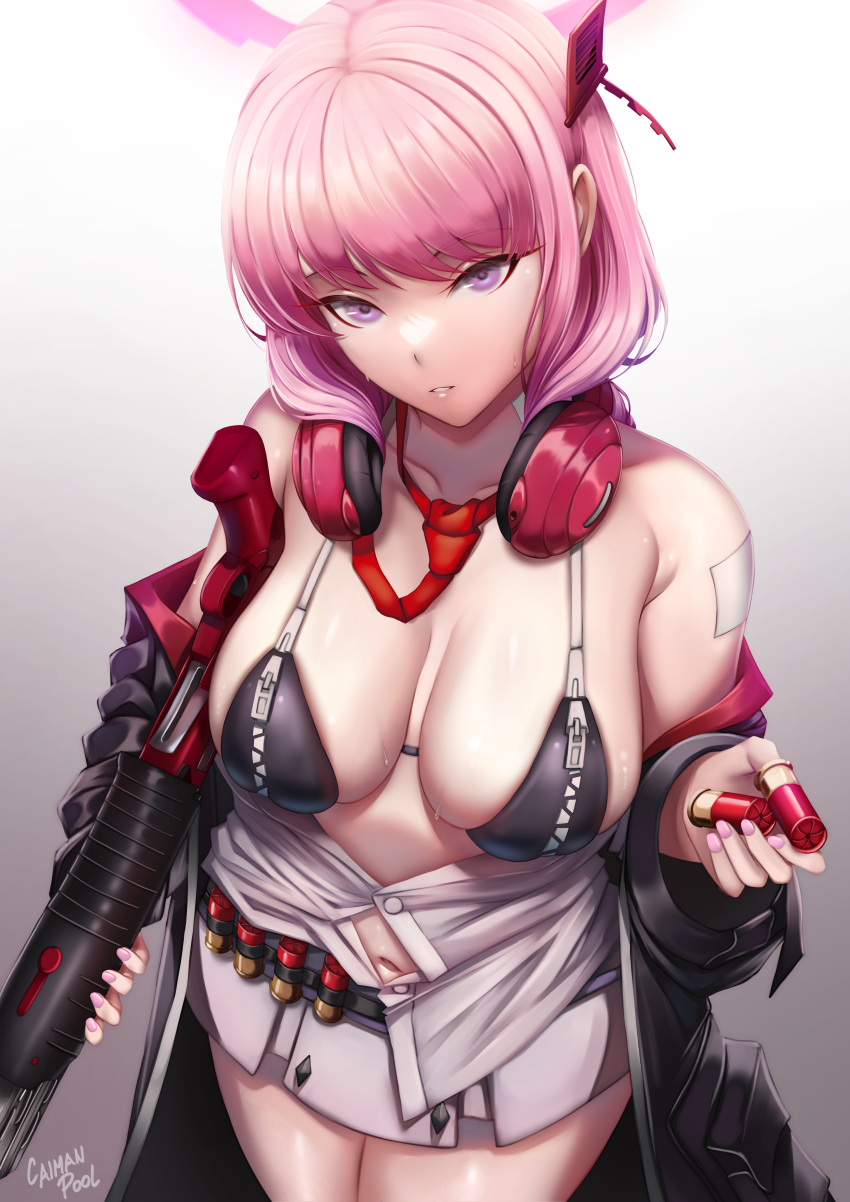 absurdres artist_name bikini black_bra blue_archive bra breasts bullet caiman_pool commentary eimi_(blue_archive) female gun halo headphones headphones_around_neck highres holding holding_bullet holding_gun holding_weapon navel necktie pink_hair pink_halo pink_nails purple_eyes red_necktie skirt solo stomach swimsuit underwear weapon white_skirt zipper_bikini