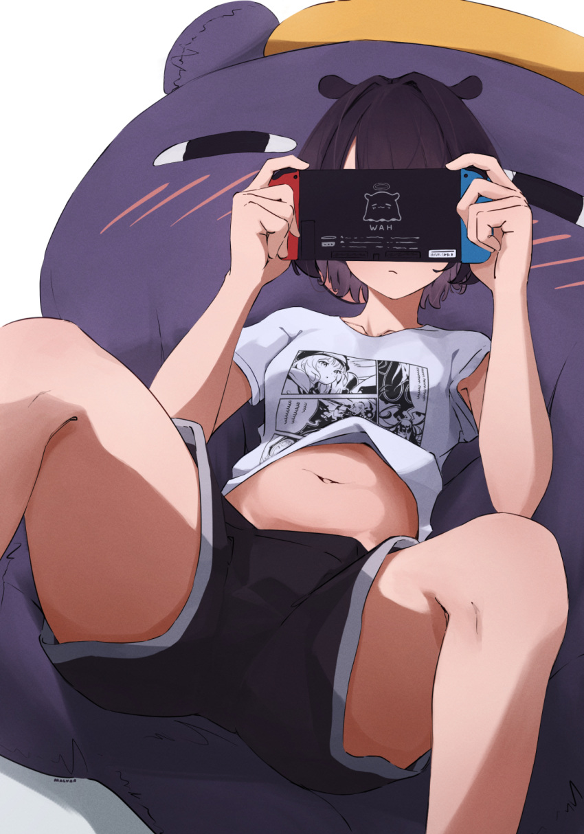 bean_bag_chair black_shorts clothes_lift english_commentary female handheld_game_console highres holding holding_handheld_game_console hololive hololive_english malvar navel ninomae_ina'nis ninomae_ina'nis_(loungewear) nintendo_switch official_alternate_costume official_alternate_hair_length official_alternate_hairstyle playing_games print_shirt purple_hair shirt shirt_lift short_hair short_sleeves shorts sitting solo spread_legs stomach t-shirt takodachi_(ninomae_ina'nis) virtual_youtuber white_shirt