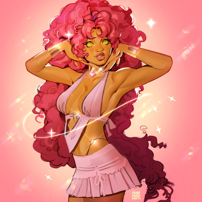 arm_up armpits artist_name big_hair blush bracelet bracer breasts choker collarbone commentary dc_comics english_commentary female fingernails heart highres jewelry large_breasts likelihood_art lips long_fingernails long_hair looking_at_viewer midriff miniskirt nail_polish parted_lips pink_background pink_hair pink_nails pink_skirt pink_theme skirt solid_eyes solo starfire tamaranean teen_titans very_long_hair yellow_eyes