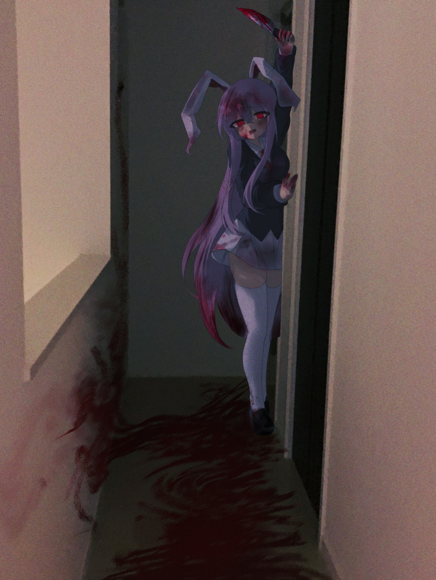 animal_ears black_shirt blood blood_on_clothes blood_on_face blood_on_ground blood_on_hands blood_splatter hallway highres holding holding_knife knife long_hair long_sleeves miniskirt necktie peeking_out purple_hair rabbit_ears rabbit_girl red_eyes red_necktie reisen_udongein_inaba shirt sira-iu skirt thighhighs touhou very_long_hair white_skirt white_thighhighs