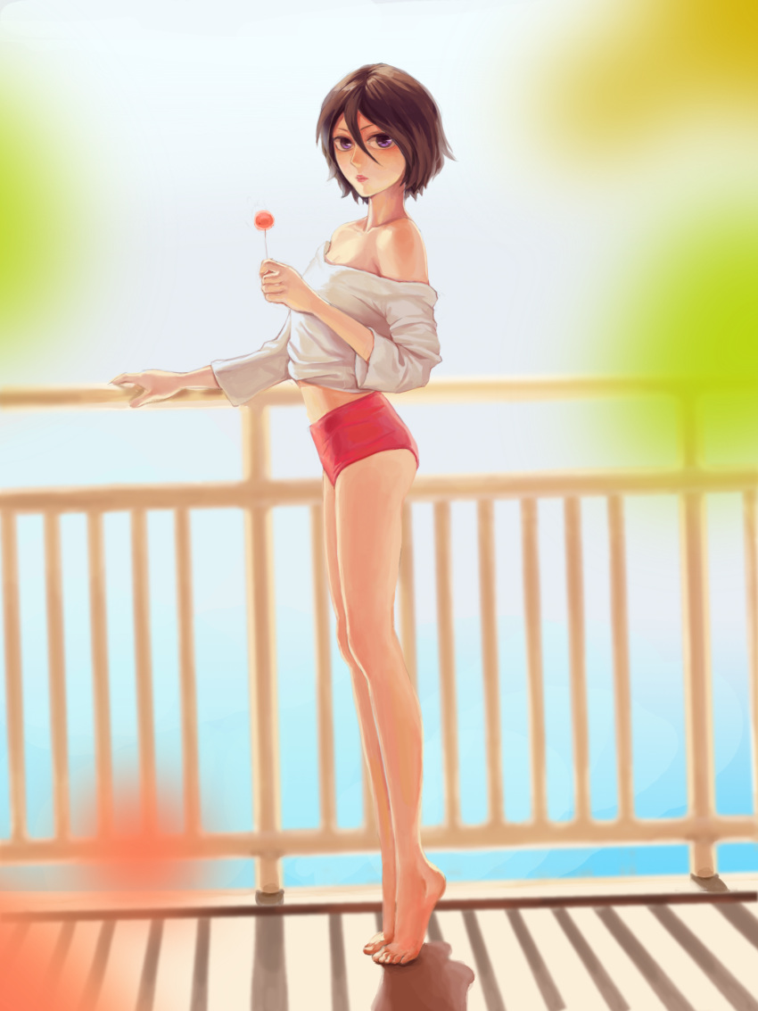 bare_legs bare_shoulders barefoot black_hair bleach blurry blurry_background blurry_foreground breasts buruma candy collarbone commentary crop_top feet female food from_side hair_between_eyes hand_on_railing highres holding holding_candy holding_food holding_lollipop huanqingmeng kuchiki_rukia legs lollipop long_bangs long_sleeves looking_at_viewer looking_to_the_side midriff nose off-shoulder_shirt off_shoulder pink_lips purple_eyes railing red_buruma shadow shirt short_hair small_breasts solo standing tiptoes toes white_shirt