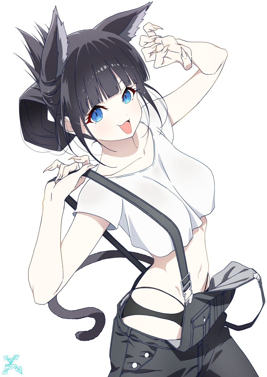 :d absurdres animal_ears black_overalls black_panties black_pants blue_eyes blunt_bangs breasts cat_ears cat_girl cat_tail collarbone female folded_ponytail highres looking_at_viewer makicha_(sasurainopink) making-of_available medium_breasts navel original overalls panties pants revision shirt short_hair slit_pupils smile solo tail underwear white_shirt