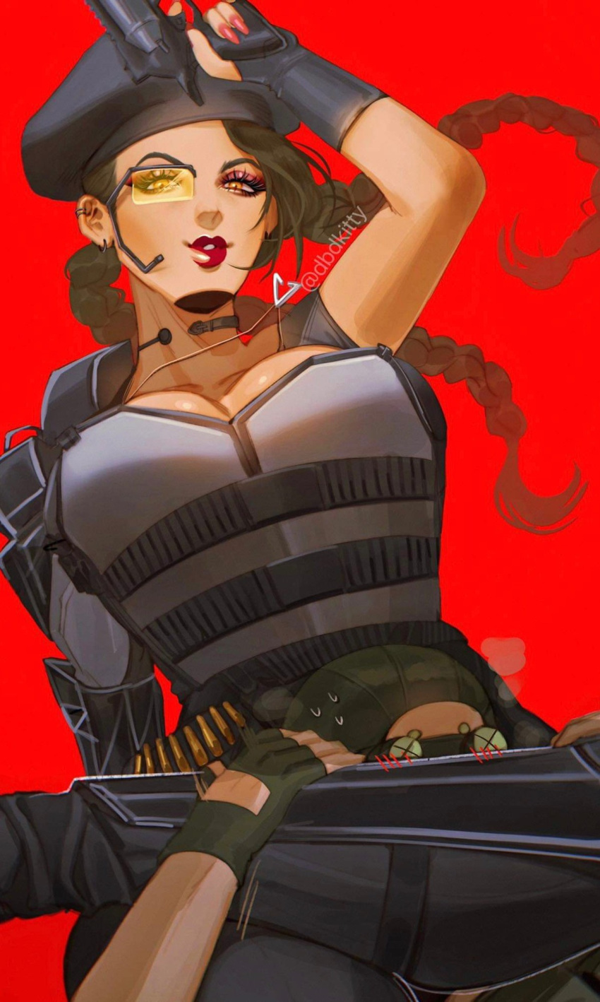 1boy apex_legends arms_dealer_loba aviator_cap b3_wingman beret black_gloves black_hat blush braid breasts brown_eyes brown_hair choke_hold cleavage english_commentary eyeshadow female floating_hair gloves goggles grey_shirt gun handgun hat highres holding holding_gun holding_weapon kitty_keihara large_breasts loba_(apex_legends) looking_at_viewer makeup octane_(apex_legends) official_alternate_costume parted_lips red_background red_eyeshadow red_lips revolver shirt simple_background single_sleeve smile solo_focus strangling twin_braids weapon x_x