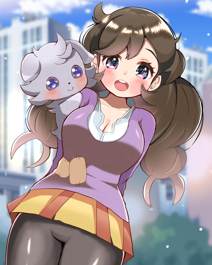 :d absurdres arms_behind_back black_pantyhose blue_sky blurry blurry_background blush breasts brown_hair building carrot_summer cleavage cloud emma_(pokemon) espurr eyelashes female highres light_particles long_hair medium_breasts miniskirt on_shoulder open_mouth outdoors pantyhose pokemon pokemon_(creature) pokemon_on_shoulder pokemon_xy purple_eyes purple_shirt round_teeth shirt skirt sky skyscraper smile teeth upper_teeth_only white_undershirt yellow_skirt