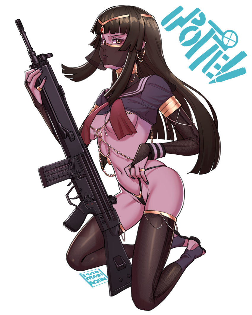 absurdres arabian_clothes armlet artist_name battle_rifle bedlah black_hair black_nails black_pantyhose black_serafuku blunt_bangs chains copyright_name cropped_shirt dancer female g3a3_(upotte!!) gold_chain gold_circlet gun h&k_g3 highres holding holding_gun holding_weapon jewelry kneeling long_hair midriff mouth_veil navel pantyhose puto_trash revealing_clothes rifle school_uniform serafuku solo thighhighs upotte!! veil weapon white_background