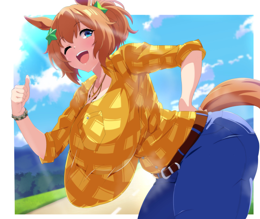 ;d absurdres animal_ears blue_sky blurry blurry_background blush border breasts brown_hair brown_shirt cloud cloudy_sky commentary_request cowboy_shot day denim ear_ornament female hair_ornament hand_on_own_hip highres horse_ears horse_girl horse_tail huge_breasts jeans leaning_forward long_hair one_eye_closed open_mouth outdoors outside_border pants plaid_clothes plaid_shirt ponytail shirt sky smile solo star_(symbol) star_hair_ornament taiki_shuttle_(umamusume) tail teeth thumbs_up umamusume upper_teeth_only user_evxa5753 white_border