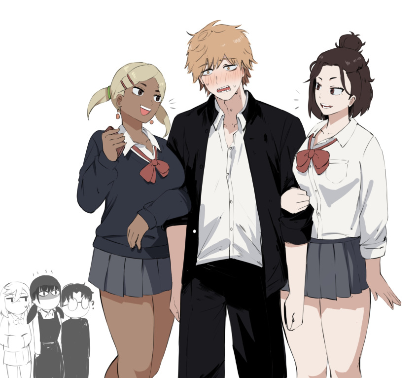 2boys 4girls ? absurdres ayase_momo black_eyes black_pants blonde_hair blue_sweater blush bow brown_eyes brown_hair chainsaw_man character_request dandadan denji_(chainsaw_man) earrings gakuran glasses grey_skirt highres jacket jewelry masoq mitaka_asa multiple_boys multiple_girls nose_blush open_clothes open_jacket orange_hair pants pleated_skirt red_bow round_eyewear school_uniform sharp_teeth shirt short_twintails simple_background skirt sweat sweater takakura_ken_(dandadan) teeth twintails white_background white_shirt