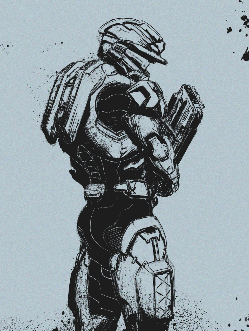 1boy absurdres armor artist_name ass assault_visor blue_theme commentary english_commentary frederic-104 gloves halo_(series) helmet highres holding looking_down male_focus monochrome nsclark98 power_armor spartan_(halo)