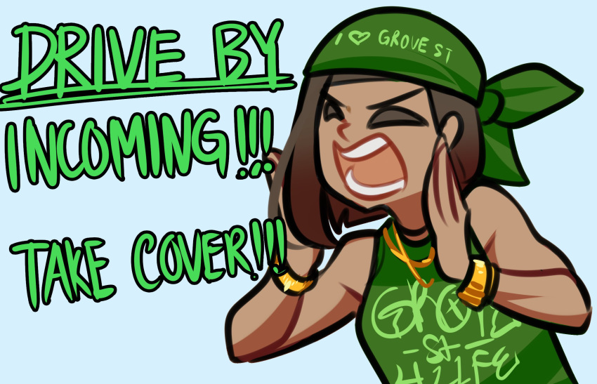 bandana bracelet brown_hair centurii-chan_(artist) chains closed_eyes dark-skinned_female dark_skin english_text female gold_bracelet gold_chain grand_theft_auto grand_theft_auto:_san_andreas green_bandana green_shirt grove_street highres jewelry shirt shouting sleeveless sleeveless_shirt solo