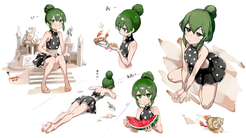 alternate_hairstyle arm_support bare_arms bare_shoulders barefoot bikini bikini_skirt black_bikini breasts crab eating female food fruit green_eyes green_hair grin hair_bun hermit_crab highres holding holding_food holding_fruit igarashi_futaba_(shiromanta) kneeling looking_at_viewer lying mo0o0rae multiple_views on_stomach polka_dot polka_dot_bikini puff_of_air sand sand_castle sand_sculpture senpai_ga_uzai_kouhai_no_hanashi simple_background single_hair_bun sitting small_breasts smile sparkle swimsuit translation_request trowel watermelon white_background