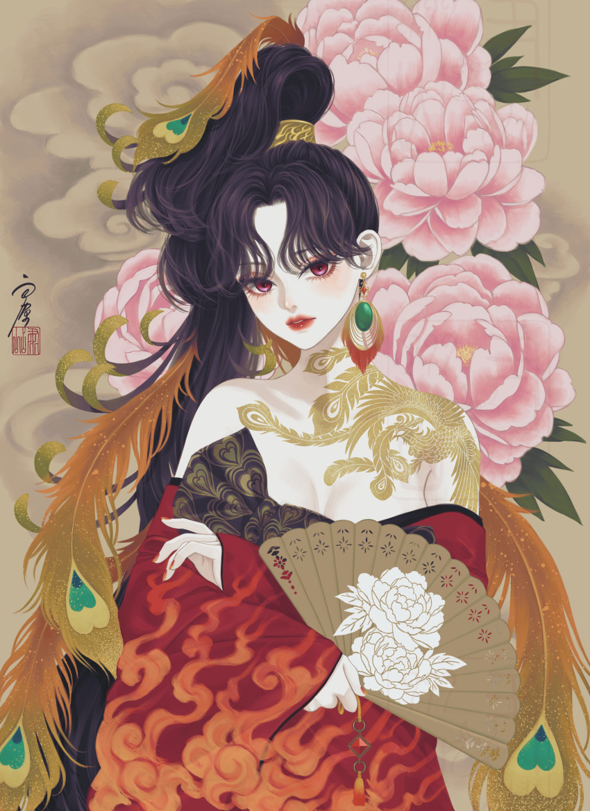 absurdres bare_shoulders bird_tattoo brown_hair earrings feather_hair female flame_print flower folding_fan half_updo hand_fan highres holding holding_fan japanese_clothes jewelry kimono lips long_hair long_sleeves looking_at_viewer nail_polish off_shoulder original parted_bangs personification pink_flower red_eyes red_kimono red_nails seal_impression shoulder_tattoo signature solo suzaku tattoo upper_body ushiyama_ame very_long_hair wide_sleeves