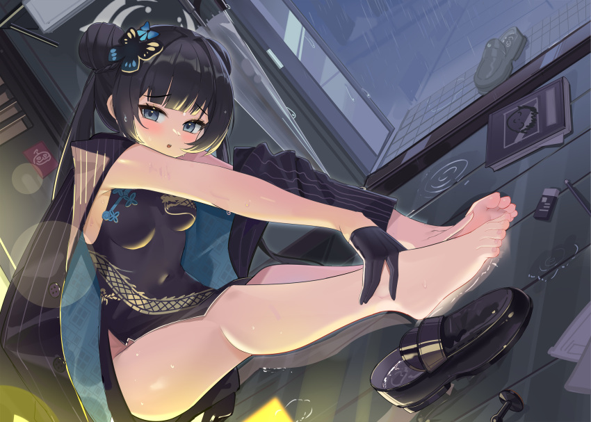 bare_legs barefoot black_gloves black_hair blue_archive braid braided_bun butterfly_hair_ornament china_dress chinese_clothes coat double_bun dragon_print dress feet female foot_focus gloves grey_coat grey_eyes grey_halo hair_bun hair_ornament half_gloves halo hands_on_feet highres jacket kisaki_(blue_archive) legs looking_at_viewer npp_(artist) pelvic_curtain pinstripe_jacket pinstripe_pattern print_dress rain shoes single_glove sitting solo striped_clothes striped_jacket toes unworn_shoes vertical-striped_clothes vertical-striped_jacket wet