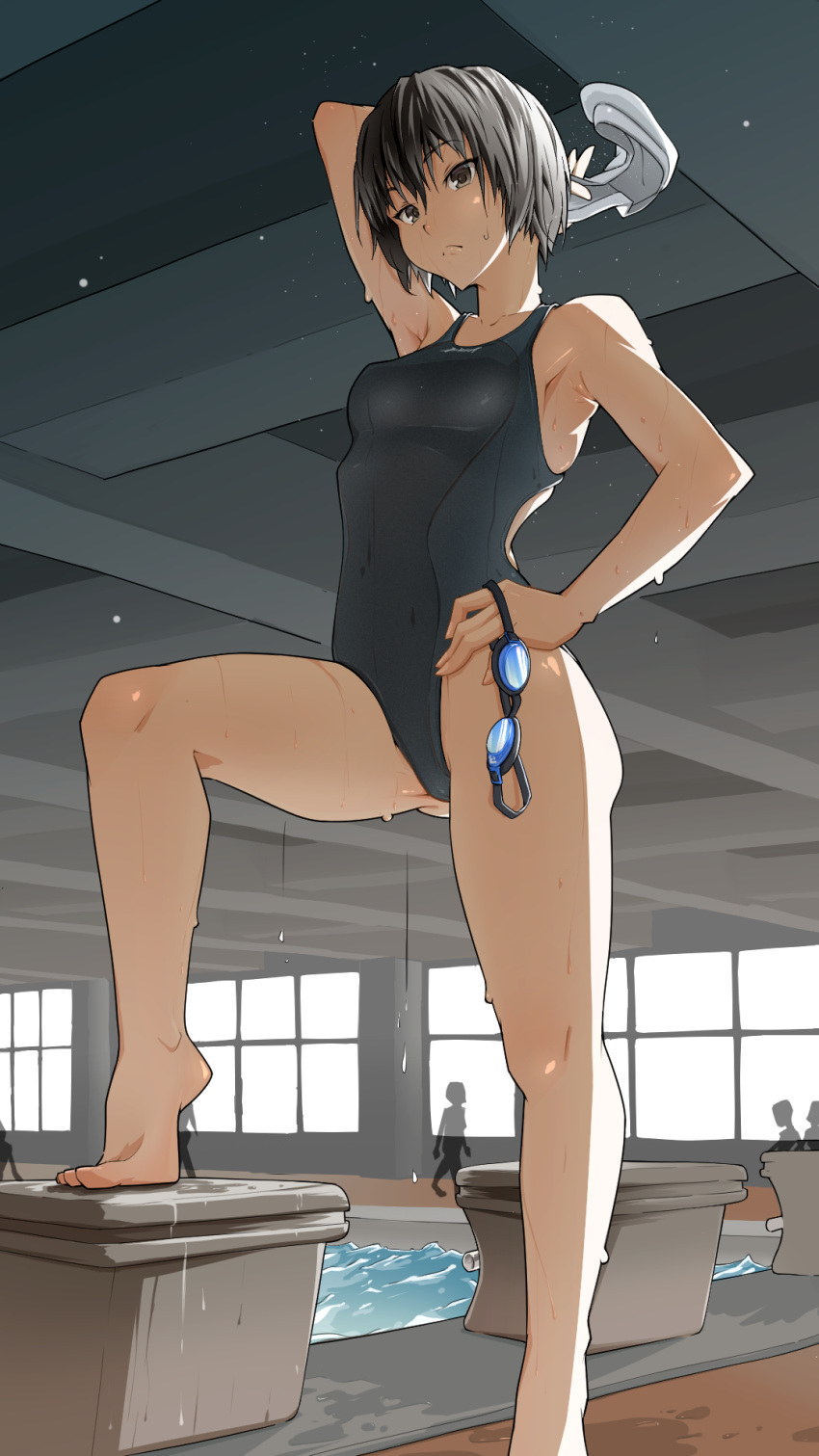 amagami arm_up armpits bare_shoulders barefoot black_hair black_one-piece_swimsuit blue_one-piece_swimsuit breasts brown_eyes closed_mouth collarbone commentary competition_swimsuit covered_navel cowpersurfer diving_block dripping expressionless female foot_up from_below from_side goggles hand_on_own_hip hat heel_up highleg highleg_one-piece_swimsuit highres holding holding_goggles holding_hat holding_unworn_clothes indoors light_particles looking_at_viewer looking_down looking_to_the_side medium_breasts nanasaki_ai one-piece_swimsuit people pool poolside short_hair solo_focus swimsuit toes unworn_goggles unworn_swim_cap water wet wet_floor wet_hair window