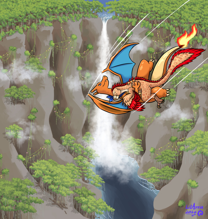 2024 3_fingers 3_toes amazing_background anthro anthro_on_bottom beak beak_markings blue_clothing blue_eyes blue_kerchief blue_neckerchief blue_wings brown_body brown_feathers brown_tail brown_wings canyon charizard claws cliff closed_eyes closed_smile clothing cuddling deinonychus detailed detailed_background digital_media_(artwork) dinosaur direction_lines dromaeosaurid duo fangs feather_hair feather_mane feather_markings feather_tuft feathered_dinosaur feathered_scalie feathered_wings feathers feet feral feral_on_top fingers fire flaming_tail flower flying fog forest generation_1_pokemon glistening glistening_body glistening_scales glistening_tail grey_beak grey_claws happy hi_res high-angle_view holding_another horn hug jungle kerchief kerchief_only lake landscape lilarrin long_tail looking_at_another male male/male male_on_bottom male_on_top markings membrane_(anatomy) membranous_wings midair mostly_nude mostly_nude_anthro mostly_nude_male motion_lines mouth_closed multicolored_body multicolored_feathers multicolored_scales nature neck_tuft neckerchief neckerchief_only neckwear neckwear_only nintendo nude nude_feral nude_male on_bottom on_top orange_body orange_horn orange_scales orange_tail orange_wings outside pink_flower plant pokemon pokemon_(species) prehistoric_species pseudo_hair pseudo_mane ravine red_body red_feathers red_tail red_wings reptile river rriik scales scalie scenery sharp_teeth shrub sickle_claw signature sirius_weldon smile speed_lines spread_wings straddling tail tail_feathers tail_tuft tan_body tan_scales tan_tail teeth theropod toe_claws toes tree tuft two_tone_body two_tone_scales valley vines waist_grab water waterfall white_body white_claws white_feathers winged_arms wings yellow_flower