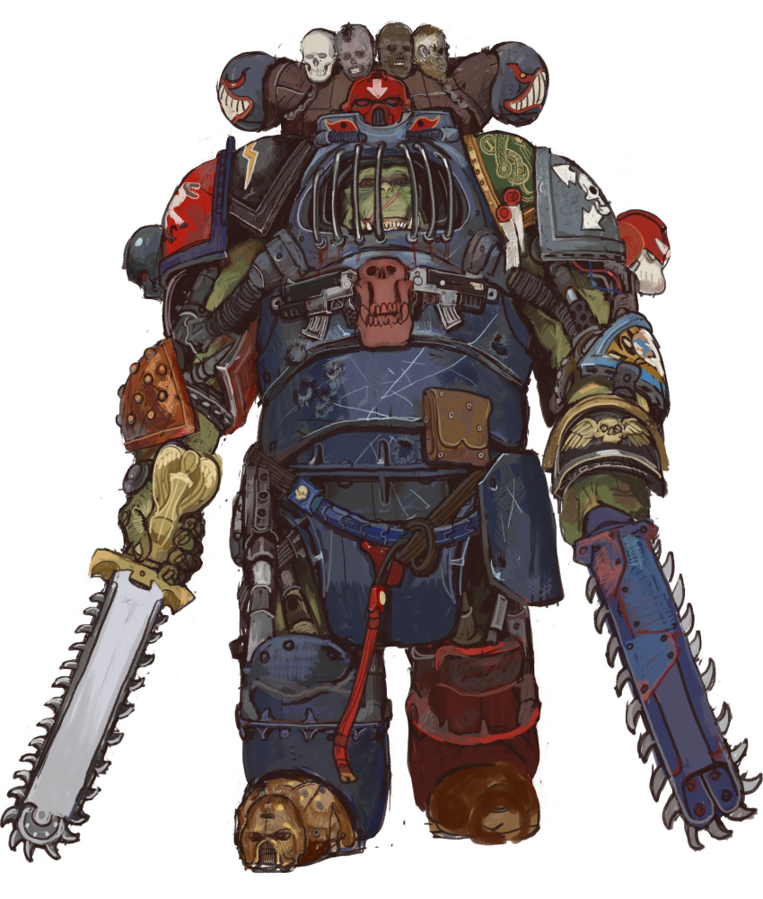 1boy absurdres adeptus_astartes adeptus_astartes_(cosplay) armor bolter broken_armor chainsword colored_skin cosplay dual_wielding green_skin helmet highres holding makeshift_dress mossacannibalis orc ork_(warhammer) pauldrons power_armor scar scar_on_face shoulder_armor skull_ornament solo warhammer_40k weapon white_background