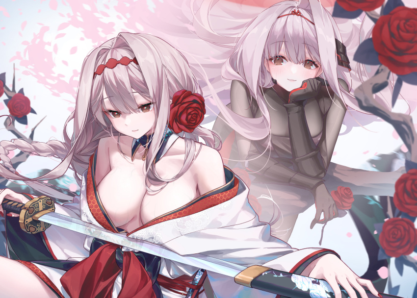 2girls aeon_ion armored_bodysuit black_bodysuit bodysuit geyser goddess_of_victory:_nikke grey_bodysuit halo hat headgear highres holding holding_sword holding_weapon japanese_clothes jingasa kimono multiple_girls official_alternate_costume rose_(nikke) scarlet_(black_shadow)_(longing_flower)_(nikke) scarlet_(black_shadow)_(nikke) scarlet_(nikke) sword two-tone_kimono weapon white_kimono