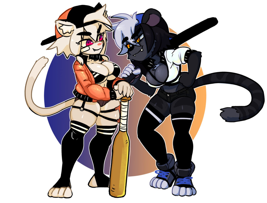 2020 5_fingers amber_eyes anthro arm_tuft backwards_baseball_cap backwards_hat bandage bandage_on_face baseball_bat baseball_cap bat_(object) big_breasts black_bikini_top black_body black_bottomwear black_clothing black_eyebrows black_fur black_hair black_legwear black_nose black_shorts black_tail black_thigh_highs blue_clothing blue_hat blue_headwear bottomwear breasts brown_bottomwear brown_clothing brown_shorts chest_tuft clothed clothed_anthro clothed_female clothing digital_drawing_(artwork) digital_media_(artwork) duo elbow_tuft eye_contact eye_through_hair eyebrow_through_hair eyebrows eyelashes fangs feet felid female female/female female_anthro fingers footwear frankie_(extremedash) full-length_portrait fur hair hand_on_hip hat headgear headwear hi_res holding_baseball_bat hotpants inner_ear_fluff jacket jellotsok legwear light_body light_fur light_hair light_tail lion looking_at_another mammal markings mouth_closed multicolored_eyes multicolored_hair narrowed_eyes open_clothing open_jacket open_topwear orange_clothing orange_jacket orange_topwear pantherine pink_nose portrait sabertooth_(anatomy) shorts smile snaggle_tooth squish standing stirrup_legwear striped_markings striped_tail stripes tail tail_markings teeth thick_eyebrows thigh_highs thigh_squish thigh_strap tied_hair toes topwear translucent translucent_hair tuft two_tone_eyes two_tone_hair vodka_(extremedash) white_clothing white_topwear