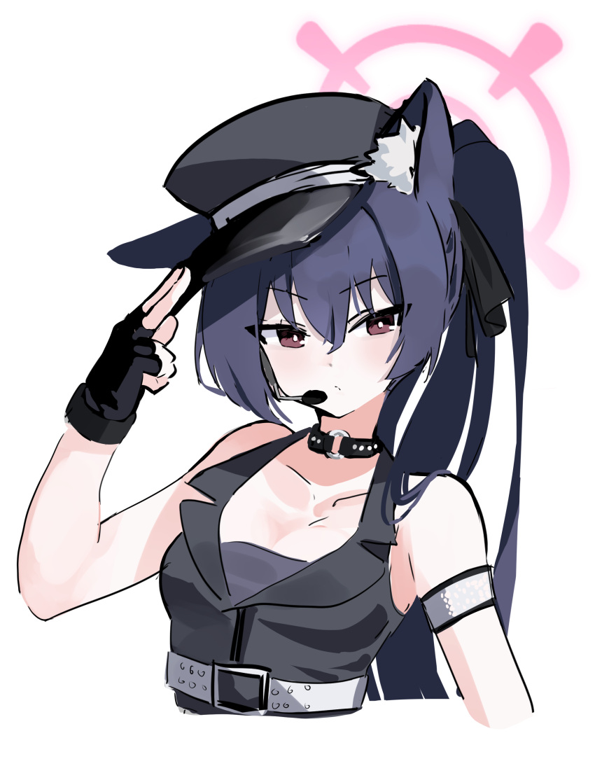 :/ absurdres animal_ear_fluff animal_ears bare_shoulders belt black_choker black_gloves black_hair black_hat black_vest blue_archive blush bright_pupils brown_eyes cat_ears choker closed_mouth collarbone commentary_request extra_ears female fingerless_gloves frown gloves halo hat headset highres idol idol_clothes korean_commentary long_hair looking_at_viewer mr.lazy official_alternate_costume official_alternate_hairstyle peaked_cap pink_halo ponytail salute serika_(blue_archive) serika_(idol)_(blue_archive) simple_background sleeveless solo two-finger_salute upper_body v-shaped_eyebrows vest white_background white_belt white_pupils