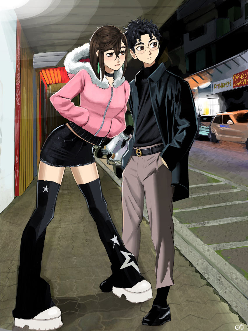 1boy absurdres alternate_costume ayase_momo belt belt_buckle black_choker black_footwear black_shirt black_skirt black_socks black_thighhighs blush brown_eyes brown_hair buckle building car chaosoded choker closed_mouth commentary dandadan earrings english_commentary female full_body fur-trimmed_hood fur_trim glasses hair_between_eyes hands_in_pockets highres hood hood_down hoodie jewelry leaning_to_the_side long_sleeves looking_to_the_side miniskirt motor_vehicle night night_sky open_clothes open_shirt outdoors pants pink_hoodie print_thighhighs round_eyewear shirt short_hair skirt sky socks standing star_(symbol) star_print takakura_ken_(dandadan) thighhighs turtleneck turtleneck_shirt white_footwear zettai_ryouiki