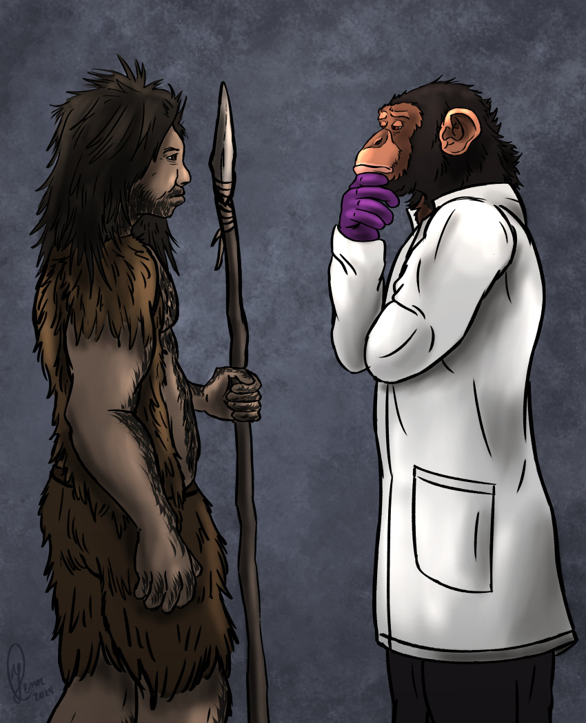 absurd_res anthro antiquatember ape archaic_human chimpanzee clothing coat confusion duo examination_gloves gloves hairy_face handwear haplorhine hi_res hominin julies lab_coat male mammal melee_weapon neanderthal pan_(genus) polearm primate primitive prompt science secrets_of_uncrom spear time_period topwear uncrom weapon yenocwolf