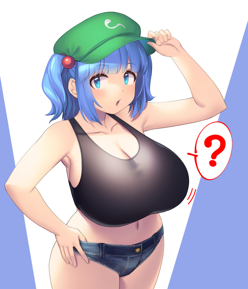 ? adjusting_clothes adjusting_headwear alternate_costume black_tank_top blue_eyes blue_hair blue_shorts blush breasts cabbie_hat cleavage commentary_request cowboy_shot denim denim_shorts expressionless female green_hat hair_bobbles hair_ornament hat highres huge_breasts kawashiro_nitori looking_at_viewer medium_hair micro_shorts navel open_mouth shorts solo spoken_question_mark tank_top tarmo thumb_in_beltline touhou two-tone_background two_side_up