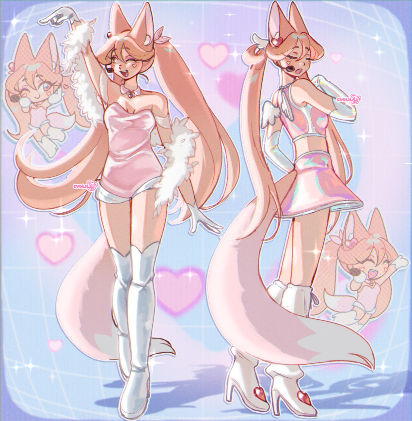 ^_^ animal_ear_fluff animal_ears arielle_(cudlil) blush boots breasts brown_hair chibi closed_eyes cudlil dress english_commentary fake_wings female fox_ears fox_tail gloves hair_between_eyes heart heart_hair high_heels highres leg_warmers long_hair looking_to_the_side multiple_views music one_eye_closed original pink_dress pink_shirt pink_skirt pointing pointing_down shirt singing skirt sleeveless sleeveless_shirt small_breasts smile sparkle tail thigh_boots twintails very_long_hair white_footwear white_gloves white_leg_warmers wings